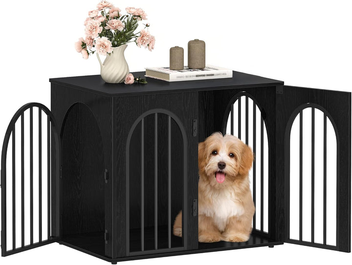 31.5'' Wooden Dog Crate Furniture, Indoor Dog Kennel Dogs Cage for Small/Medium Dogs, Heavy Duty Dog Crates Decorative Pet House End Side Table TV Stand, White Brown DFC85114B