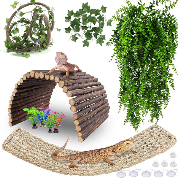 Bearded Dragon Tank Accessories, Large Reptile Bridge Hammock Flexible - Jungle Climbing Vines and Leaves with Suction Cups Habitat Décor for Hiding& Climbing Snake Gecko Lizard Chameleon