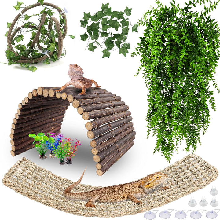 Bearded Dragon Tank Accessories, Large Reptile Bridge Hammock Flexible - Jungle Climbing Vines and Leaves with Suction Cups Habitat Décor for Hiding& Climbing Snake Gecko Lizard Chameleon