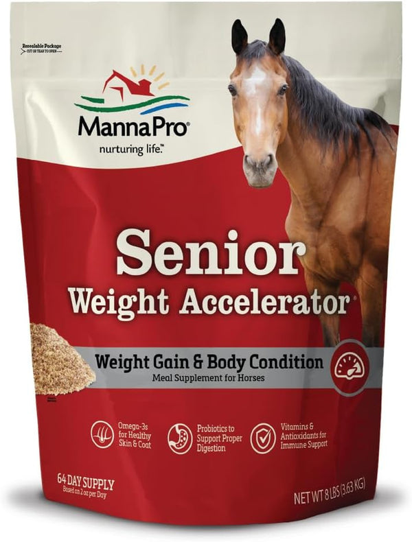 Weight Accelerator for Senior Horses – Weight Gain and Muscle Support Supplement with Omega 3 Fatty Acids and Flaxseed – High-Calorie Feed Topper for Horses – 8 Lb Bag