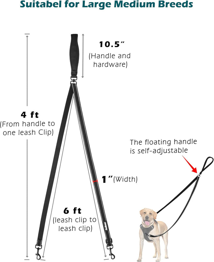 Two Point Control Dog Leash, Works with No Pull Harnesses, No Tangle Training Leashes, Soft Padded and Reflective Walking Lead, Converts to Single Lead for Medium Large Dogs (Black)