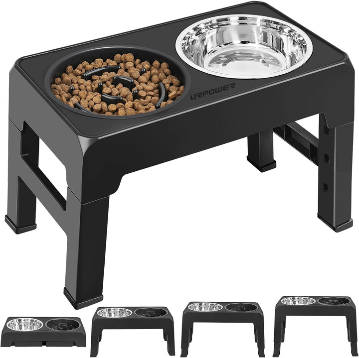 3-In-1 Elevated Dog Bowls - Mess Proof Double Deck 4 Height Adjustable Raised Stand with 2 Stainless Steel Food Bowls & Licking Plate for Small, Medium & Large Dogs