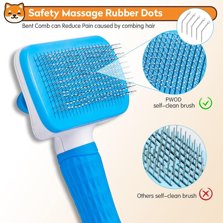 Dog & Cat Brush, Self Cleaning Slicker Brush for Pets, Upgraded Dog Brush for Shedding Massaging and Grooming, Removes Loose Undercoat & Portable Comb for Long Short Haired Dogs(Blue)