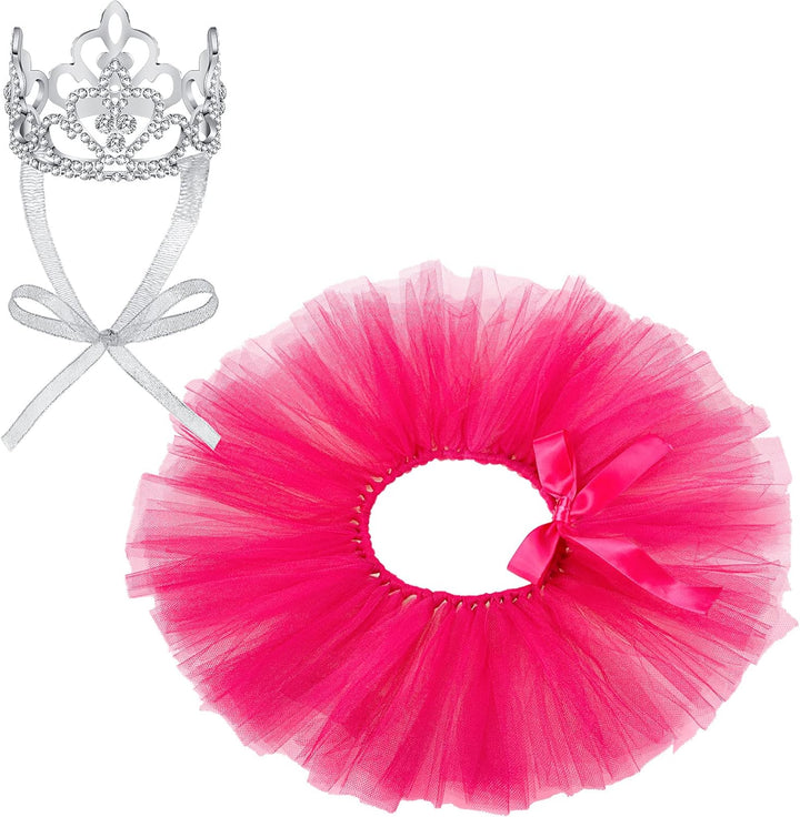 2 Pcs Dog Crown Headband Dog Tutu Dress Set Crystal Rhinestone Tiara Crown Tutu Skirt Pet Dress Costume for Puppy Birthday Party Wedding Photo Prop Costume(X-Large,Rose Red, White)