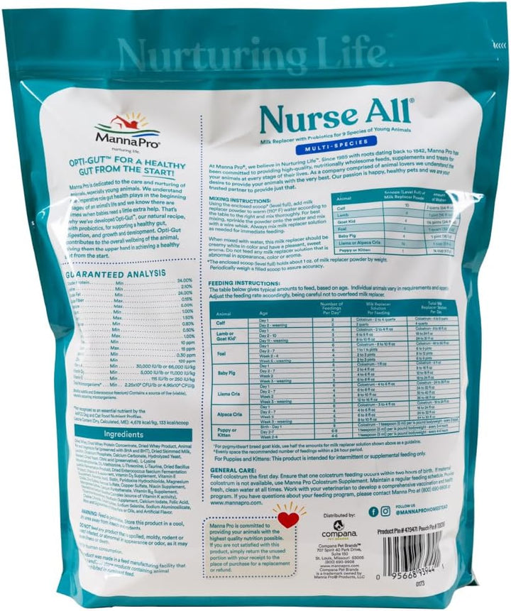 Nurse All® Multi-Species Milk Replacer - Powered by Opti-Gut™ to Support Gut Health & Digestion - All-Milk Protein - Easy-To-Mix Formula - 8 Pounds