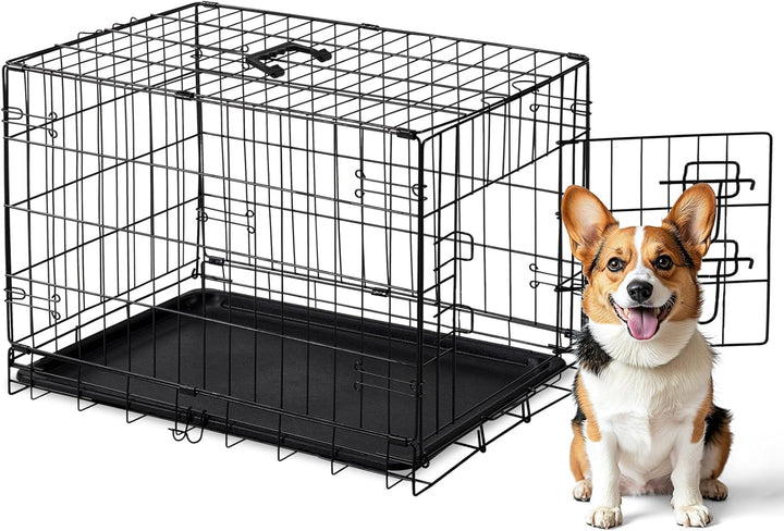Dog Crate, 36 Inch Medium Double Door Dog Cage with Divider Panel and Plastic Leak-Proof Pan Tray, Folding Metal Wire Pet Kennel for Indoor, Outdoor, Travel