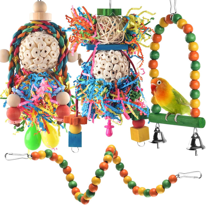 Conure Toys, 2PCS Bird Parrot Foraging Shredder Hanging Toys Sola Balls with Sand Hammer for Small Parrots Parakeets Conures Cockatiels Love Birds Cage Toy