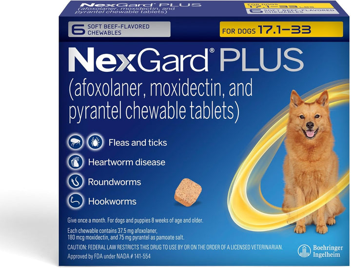 plus (Afoxolaner, Moxidectin, and Pyrantel) Flea and Tick Protection & Heartworm Preventive for Dogs Soft Beef Flavored Chewables, 33.1-66 Lbs. (Purple) 6 Chews (6 Month Supply)