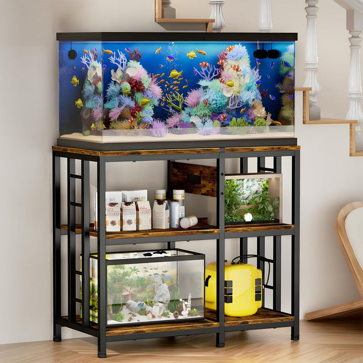 Reinforced 40-50 Gallon Aquarium Stand with Power Outlet | Ultra-Stable 750LBS Capacity Metal Fish Tank Stand for Reptile/Aquatic Setups, 5-Tier Adjustable 37"X19" Steel Shelving System