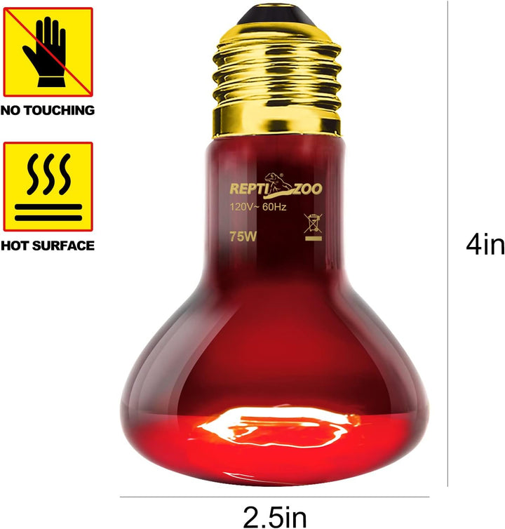 75W Reptile Heat Lamp Bulb 2PCS Infrared Heat Emitter Red Heat Lamp for Reptile Amphibian, Infrared Basking Spot Light Bulb