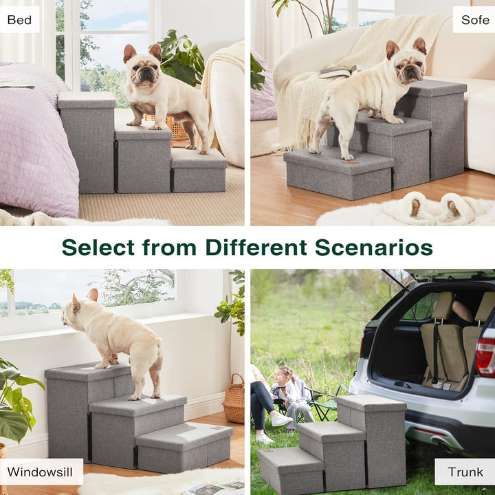 Dog Stairs for High Bed 18"H,Foldable Pet Stairs for Small Medium or Large Dogs Puppy with Storage for Bed or Couch, Cat Dog Steps Ramp with Zip up to 200 Lbs(Solid Grey,3 Steps No Condo)