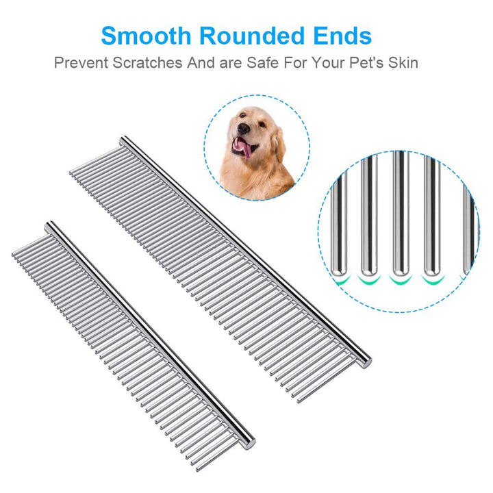 2 Pack Dog Combs with Rounded Ends Stainless Steel Teeth, Cat Comb for Removing Tangles and Knots, Professional Grooming Tool for Long and Short Haired Dog, Cat and Other Pets, 6.3IN/7.4IN