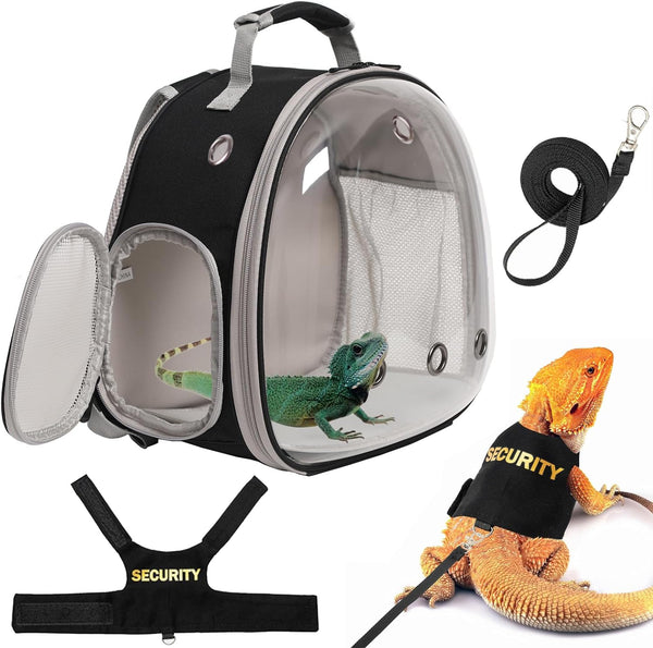 Bearded Dragon Carrier Backpack with Security Printing Harness Leash Set, Reptile Lizard Space Capsule Astronaut Clear Bubble Window Travel Carrier for Small Animal Guinea Pig(Black, Security Harness)