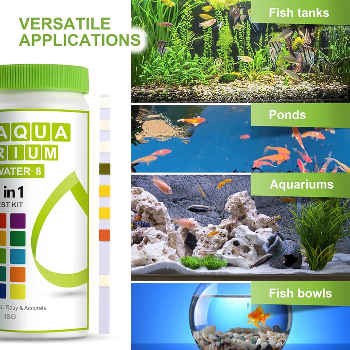 8-In-1 Aquarium Test Kit for Fish Tanks - Quick & Accurate Water Testing Strips for Aquariums & Ponds. Tests Ph, Ammonia, Alkalinity, Hardness, Chlorine, Etc. (K02-50)