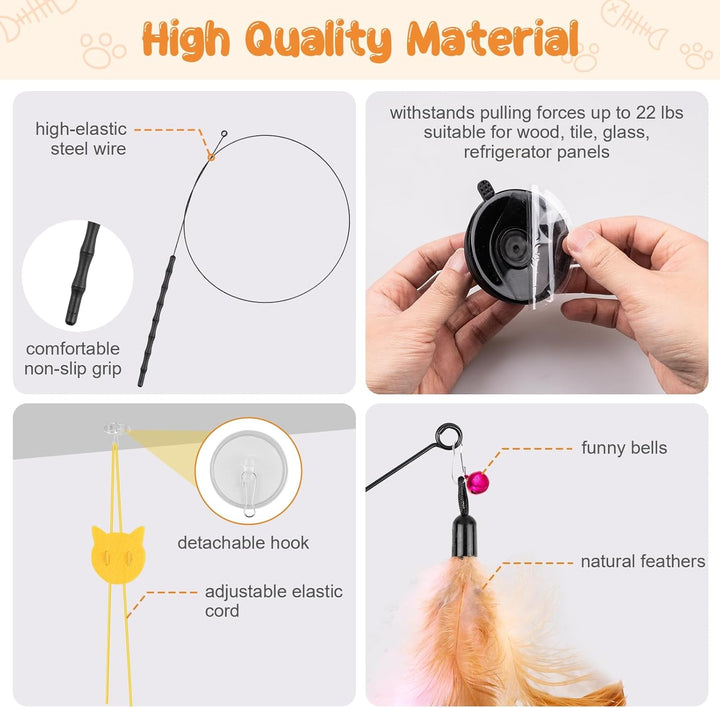 Cat Wand Toy, 15 Pcs Interactive Cat Feather Toys for Indoor Self Play & Exercise, 2 Play Modes Kitten Teaser Wand, Reusable Suction Cup Kitten Toys