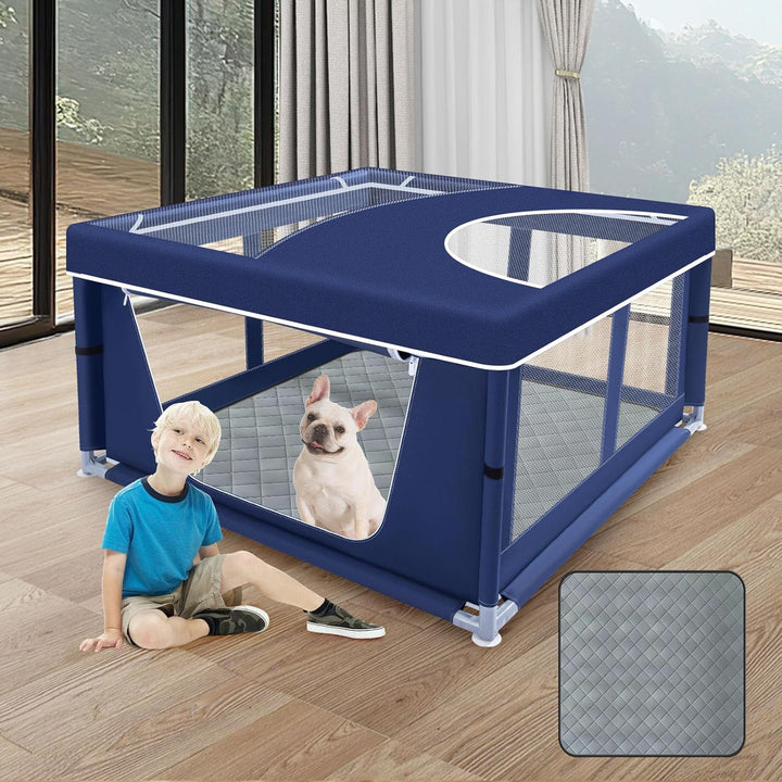 42X42X25.6 Inches Puppy Playpen with Gate, Dog Playpen for Puppies or Small Dogs, Dogfence Pet Playpen for Indoor & Outdoor, Sturdy Safety Dogpen with Thickened Fabric, High-Strength Nylon Wire Mesh