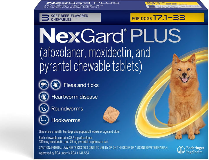plus (Afoxolaner, Moxidectin, and Pyrantel) Flea and Tick Protection & Heartworm Preventive for Dogs Soft Beef Flavored Chewables, 33.1-66 Lbs. (Purple) 6 Chews (6 Month Supply)