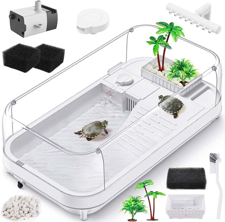Small Turtle Tank Kit(Tank+Light+Filter), Acrylic Turtle Tank Starter Kit with Bask Platform, Bottom Drain, Multi-Function Area for Small Reptiles.(White)