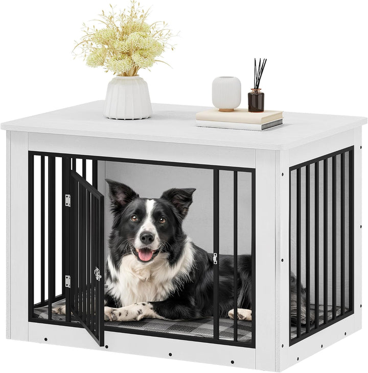 Dog Crate Furniture for Medium Dogs, Side End Table, Modern Dogs Kennel Indoor up to 35 Lb, 2-In-1 Iron-Wood Fusion Dog Cage with Waterproof Top, Safety Corners,Steel Lock,30" L,Greige