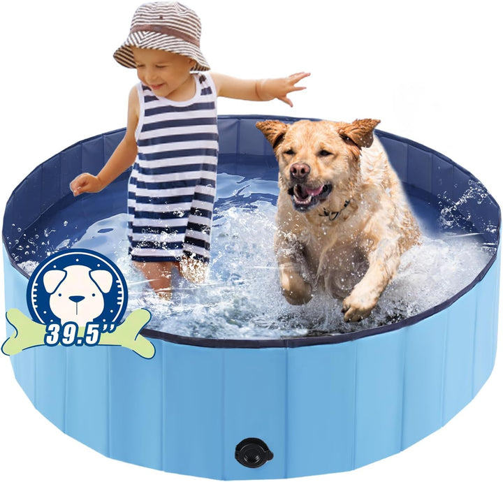 Foldable Dog Pool, Portable Pet Bath Tub and Kiddie Swimming Pool, Collapsible Bathtub for Puppies, Small, Medium and Large Dogs, Cats and Kids, 32 X 8 In, Blue