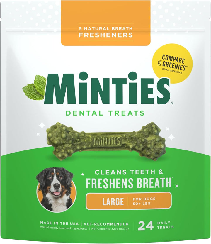 Dental Chews for Dogs, 60 Count, Vet-Recommended Mint-Flavored Treats for Medium Dogs 25-50 Lbs, Bones Clean Teeth, Fight Bad Breath, and Removes Plaque and Tartar
