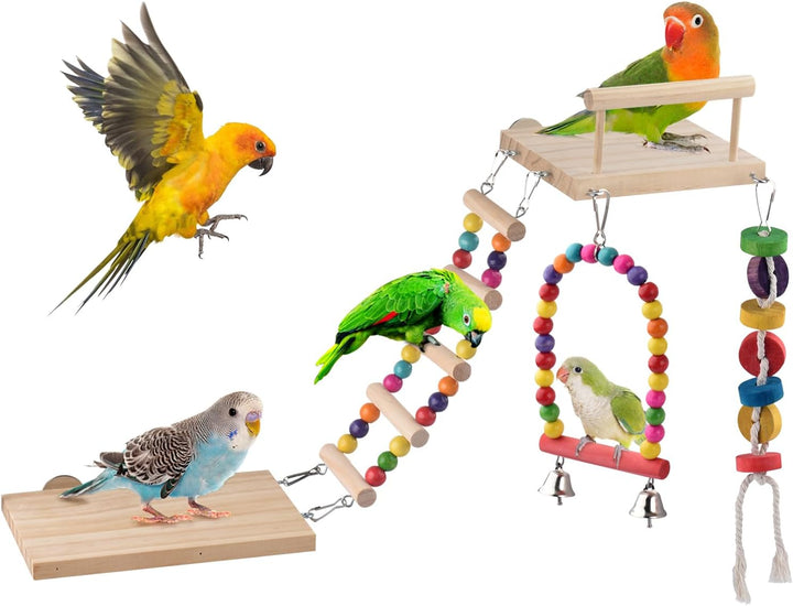 5In1 Bird Parakeet Toys, Detachable Birdie Perches Platform Swing with Climbing Ladder, Parrot Cage Stand Accessories, Wooden Playing Gyms for Conure Cockatiel Lovebird Finch Budgerigar Pigeon