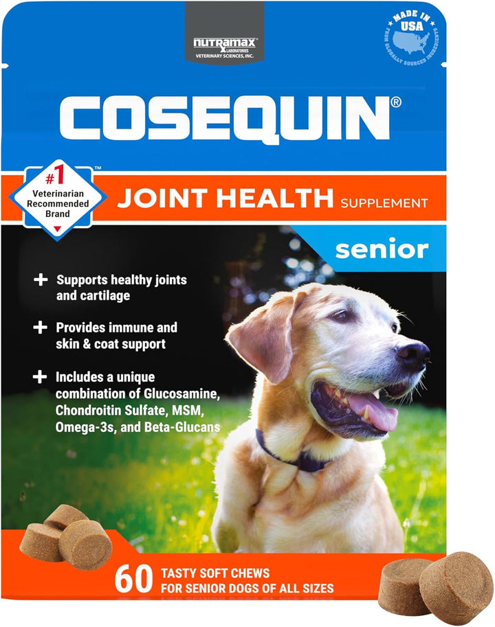 Nutramax Cosequin for Senior Dogs Joint Health Supplement, Contains Glucosamine for Dogs, Chondroitin, MSM, Omega-3S and Beta-Glucan, Supports Joint, Skin and Coat, Immune Health, Soft Chews, 60 Count