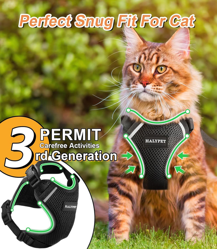 Cat Harness and Leash Set [ MAX Safety Third Generation ] Escape Proof Soft Adjustable Cat Leash Breathable Comfortable Vest Easy to Wear Kitten Harness for Outdoor Walking Black
