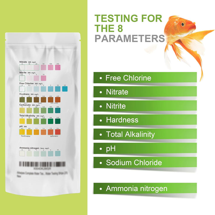 Aquarium Ammonia Test Strips 8-In-1 |25 Strips | Quick & Accurate Water Testing Test Ph, Carbonate, Alkalinity, Hardness, Chlorine, Nitrite, Etc. (K02-25)