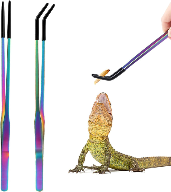 Stainless Steel Reptile Feeding Tongs with Rubber Tip - 10.6" Straight & Curved Tweezers for Aquariums & Crafts - Feeder Tools for Bearded Dragons & Lizards - Terrarium Tank Supplies - 2 Pack