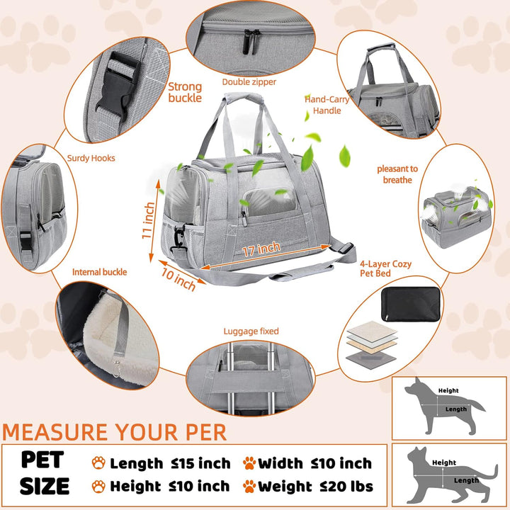 Pet Carrier Bag Airline Approved up for Cats and Dogs up to 20Lbs, Soft Cat Carrier Dog Carrier Travel Kitten Carrier with Mat, Nail Clipper, Brush, Foldable Bowl Cat Accessories