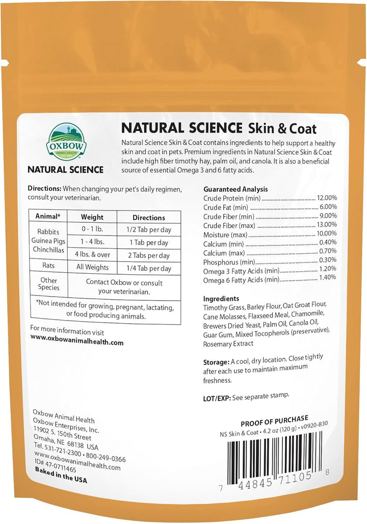 Natural Science Skin & Coat Support, Supplement for Rabbit & Guinea Pig, Made with  Timothy Hay, Includes Palm Oil & Omega 3 & 6 Fatty Acids, Made in USA, 4.2 Oz Bag