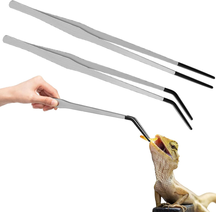 2 Pcs Extra Long Stainless Steel Reptile Feeding Tongs with Rubber Tip Bearded Dragon Aquarium Straight and Curved Long Tweezer Terrarium Feeder Tool for Tank(Silver, 10 Inch, 10.5 Inch)