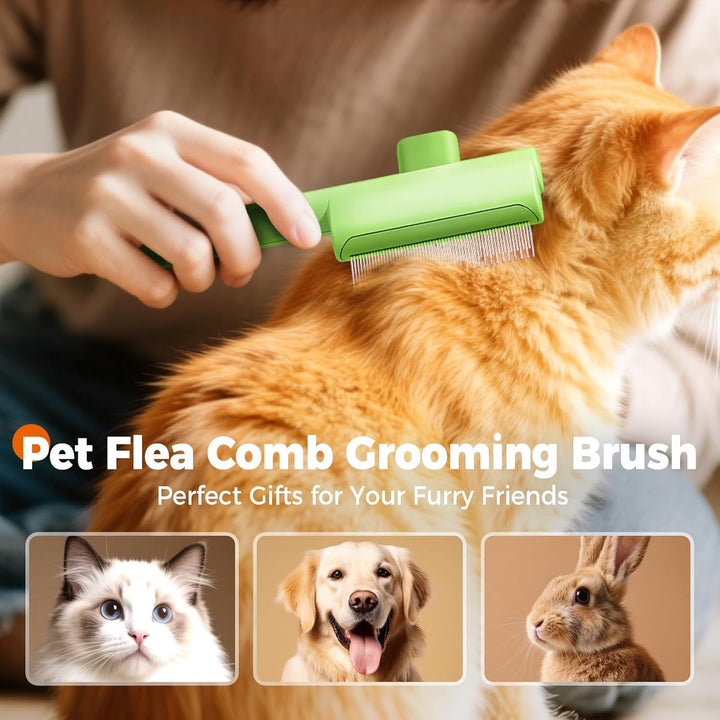 2 Pack Flea Comb for Cat Dog, 2025 Upgraded Pet Hair Removal Comb with Release Button,Self-Cleaning Pet Grooming Brush for Shedding, Massaging, Short & Long Hair (White+Green)