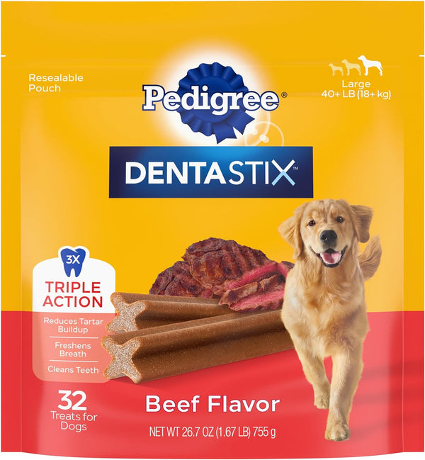 Dentastix Large Breed Dog Treats, Beef Flavor, 1.67 Lb. Bag (32 Treats)