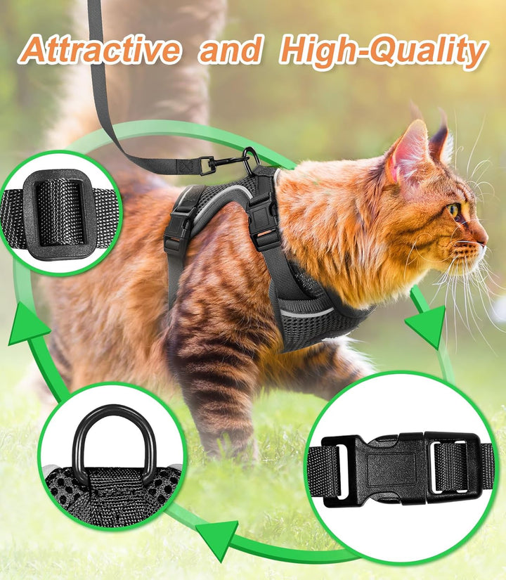 Cat Harness and Leash Set [ MAX Safety Third Generation ] Escape Proof Soft Adjustable Cat Leash Breathable Comfortable Vest Easy to Wear Kitten Harness for Outdoor Walking Black