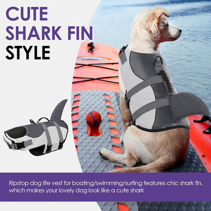 Dog Life Jacket - Shark Life Vest for Swimming Boating - Reflective Lifejacket Swimsuit for Small Medium Large Dogs - High Buoyancy Lifesaver Preserver with Rescue Handle, Grey Shark M