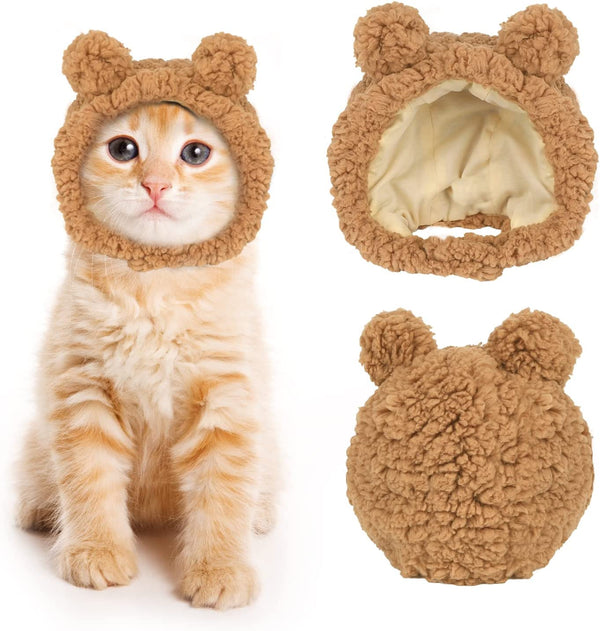 Cute Cat Costume Warm Bear Hat Adjustable Soft Small Pet Headwear for Puppy Dog (Brown)