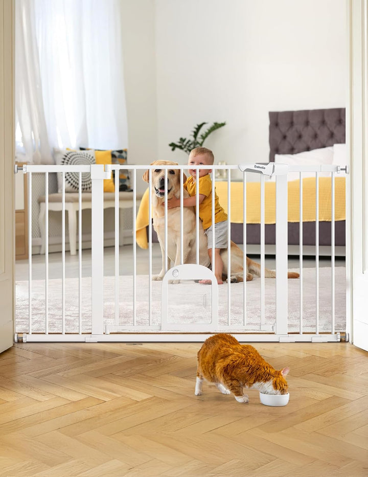 Baby Gate with Adjustable Cat Door,29-43" Auto Close Durable Pet Door for Stairs,Doorways and House,Pressure Mounted,Easy Install,Effortless Walk Thru,White