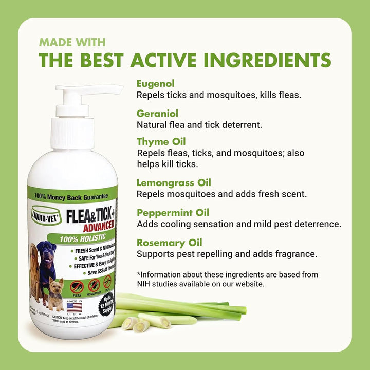 Natural Flea and Tick Topical Treatment, Repels Fleas Ticks and Mosquitoes, Quick-Dry No Residue, All Food-Grade Ingredients, 8 Oz