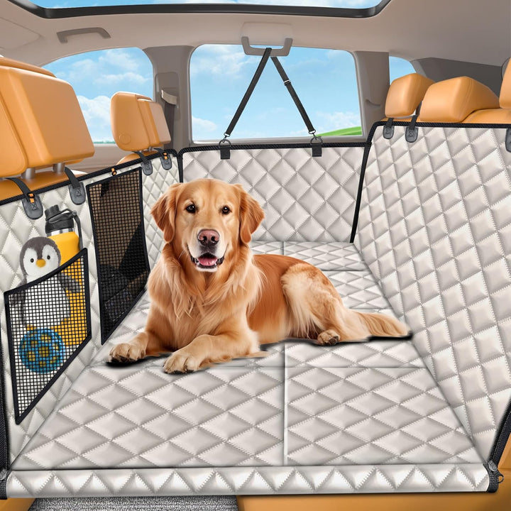 Backseat Extender for Dogs - Hard Bottom Dog Car Seat Cover for Back Seat, Foldable Dog Hammock for Car, SUV, and Truck, Pet Rear Seat Protector Dogs Travel Bed with Mesh Window & Side Flaps