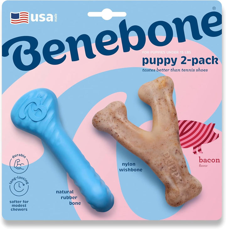 Puppy 2-Pack Dental Chew/Wishbone Dog Chew Toys, Made in USA, Real Bacon Flavor