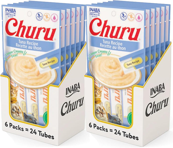 Churu Cat Treats, Grain-Free, Lickable, Squeezable Creamy Purée Cat Treat/Topper with Vitamin E & Taurine, 0.5 Ounces Each Tube, 4 Tubes, Tuna with Salmon Recipe
