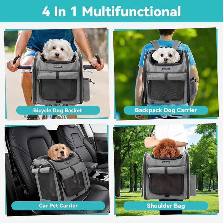 Foldable Front Bike Basket for Dogs, 4-In-1 Pet Carrier Backpack/Shoulder Bag/Car Seat with Heavy-Duty L-Shaped Mount Φ2.17 Inch, Waterproof Cushion & Reflective Strips, Supports up to 22Lbs