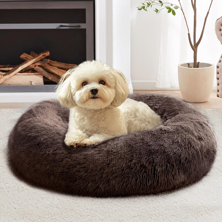 Small Dog & Cat Beds for Indoor Cats, Donut Cuddler Warming Soft Dog Beds with Anti-Slip Bottom, round Calming Fluffy Plush Faux Fur Cushion Bed for Small Medium Dogs (20", Smoke Grey)