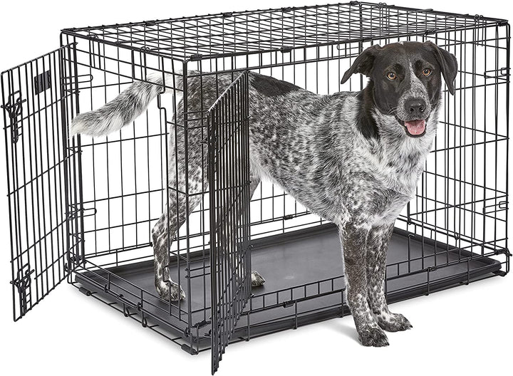 42-Inch Two-Door Icrate Folding Dog Crate with Divider Panel, Leak-Proof Tray & Secure Latches – Metal Wire Kennel for Large Breeds – Portable, Durable & Easy to Assemble