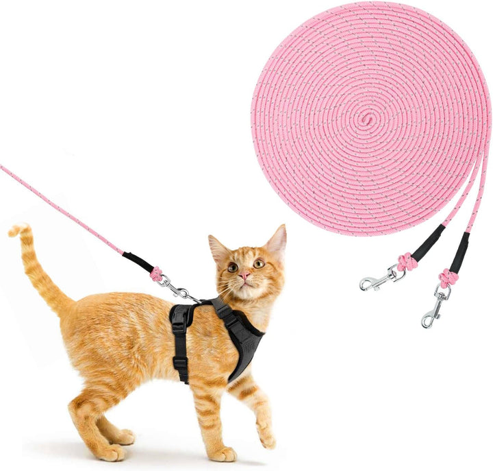 Reflective Cat Long Leash 15 FT Escape Proof Walking Leads Yard Long Leashes Durable Safe Personalized Extender Leash Traning Play Outdoor for Kitten, Puppy, Rabbit and Small Animals(Pink-S)