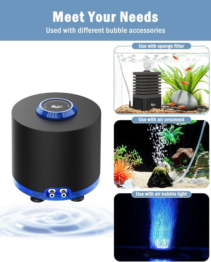 Aquarium Air Pump, Quiet Powerful Fish Tank Air Pump 3W/6W/10W with Stainless Steel Dual Outlet, Adjustable Oxygen Aerator Pump with Air Stone Bubbler for Fish Tank up to 200 Gallon 3W (Tubby)