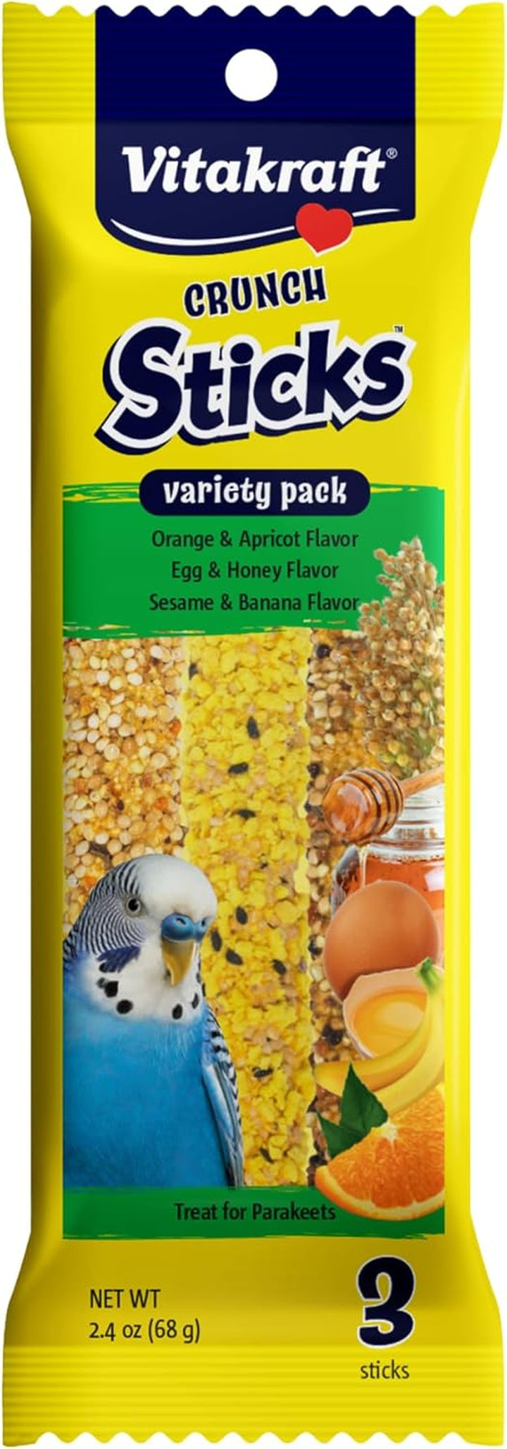 Crunch Sticks Variety Pack: Orange & Apricot Flavor, Egg & Honey Flavor, Sesame & Banana Flavor Treats for Parakeets, 2.4 Oz