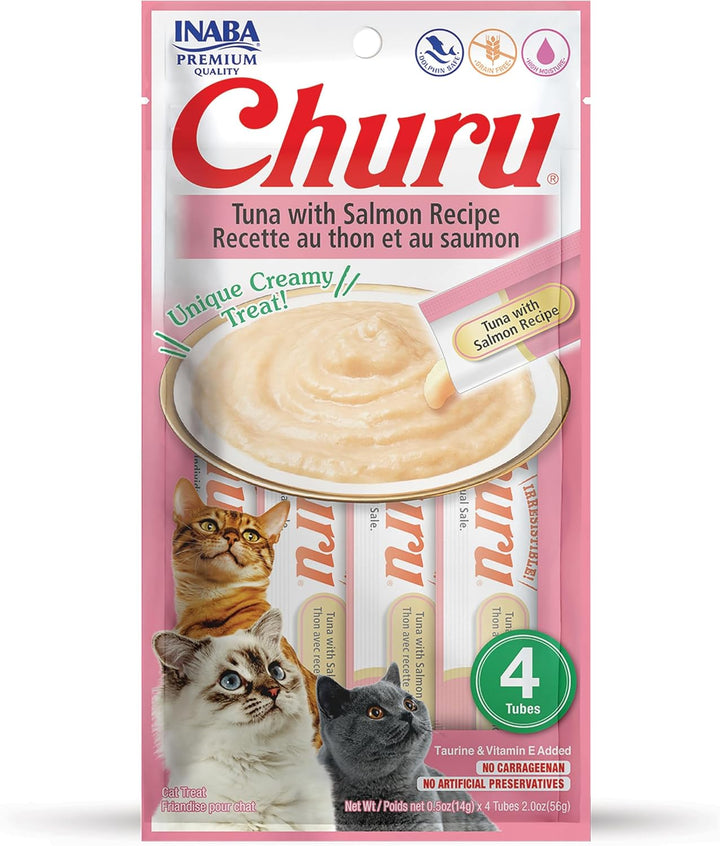 Churu Cat Treats, Grain-Free, Lickable, Squeezable Creamy Purée Cat Treat/Topper with Vitamin E & Taurine, 0.5 Ounces Each Tube, 4 Tubes, Tuna with Salmon Recipe